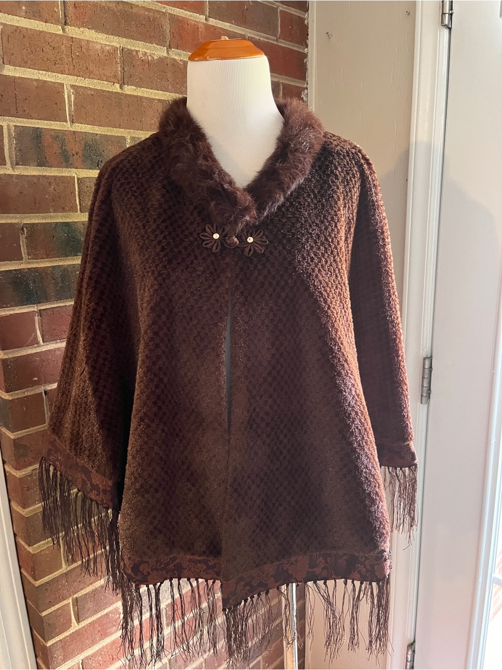 Source Unknown Chocolate Brown Faux-Fur Trim Poncho Sweater